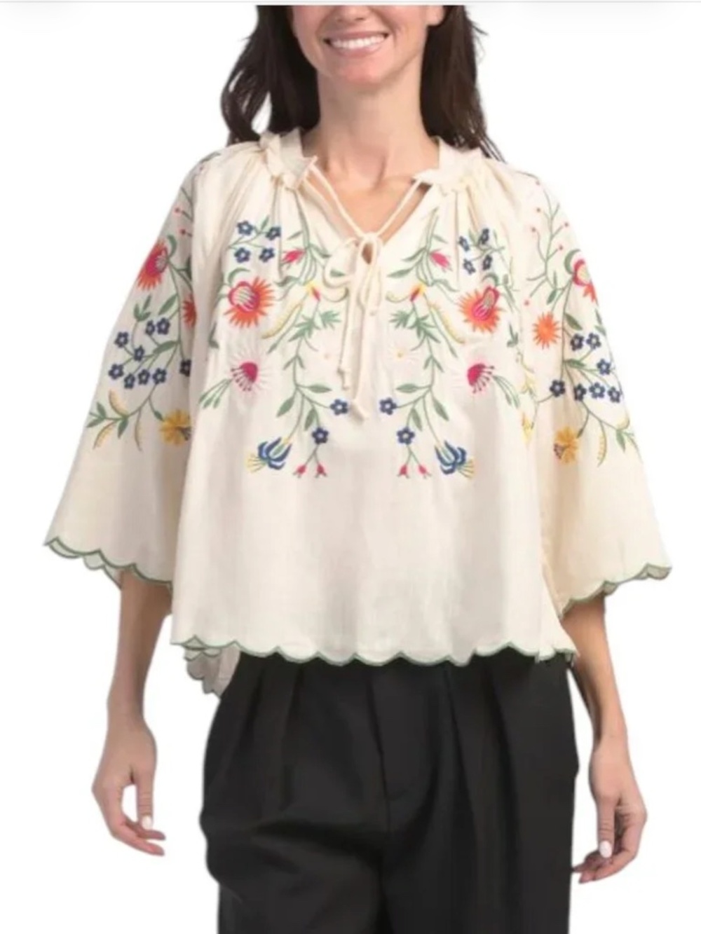 SOLITAIRE:  Rayon/Linen Blend Floral Embroidered Blouse